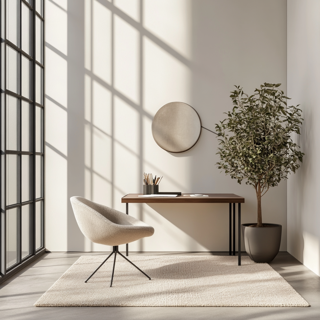 A minimalist modern office corner with a stylish desk