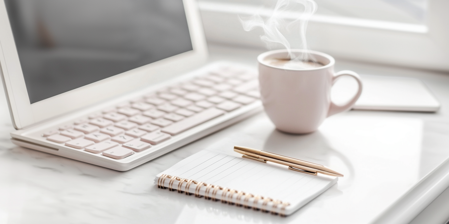 A sleek white desk with a pastel keyboard and a steaming coffee cup